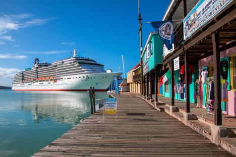 Cruise ship at St. John's, Antigua waterfront shops.
