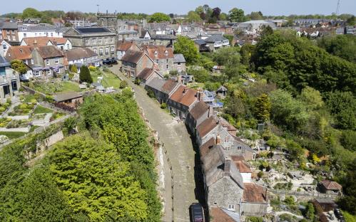 Aerial view of Gold Hill in Shaftesbury, Dorset, England.