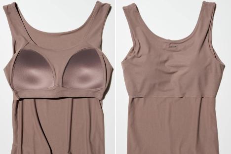 An image collage containing 2 images, Image 1 shows Mauve tank top with built-in bra cups, Image 2 shows Mauve Airism tank top