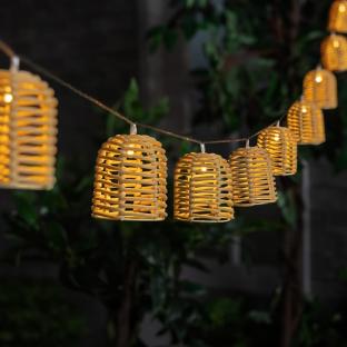 String of solar-powered rattan lanterns.