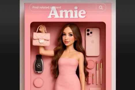 An image collage containing 1 images, Image 1 shows Illustration of Amie in a doll box with various accessories