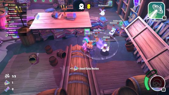 Screenshot of a video game showing a player using an ecto device.