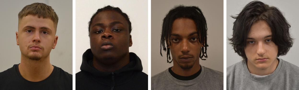 Collage of mugshots of Ashton Evans, Nii Mensah, Jakeem Rose, and Ugnius Asmena.