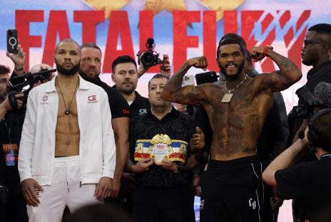 Chris Eubank Jr. and Conor Benn at a boxing weigh-in.