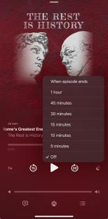 Podcast player screen showing sleep timer options and