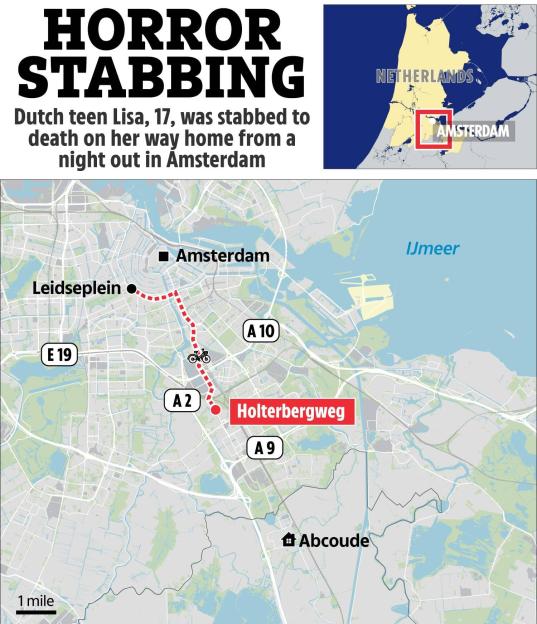 Map showing the route of a Dutch teen who was stabbed to death while cycling home from Amsterdam to Abcoude.