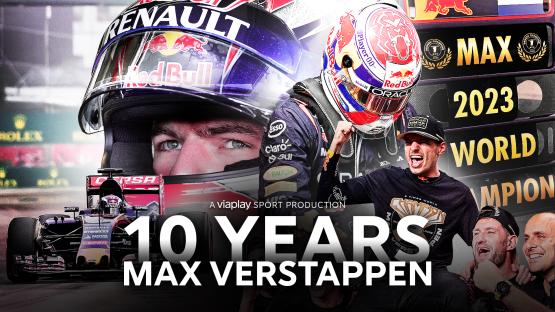 Collage celebrating Max Verstappen's 10 years in Formula 1, including photos of him racing and winning the 2023 World Championship.