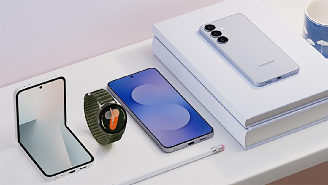 Illustration of Samsung smartphone, smartwatch, and foldable phone.