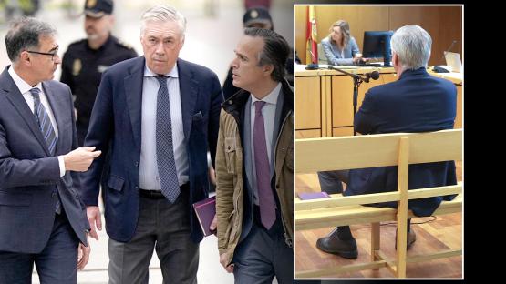 Carlo Ancelotti pictured in the dock in court as Real Madrid manager faces five years in prison for alleged tax evasion