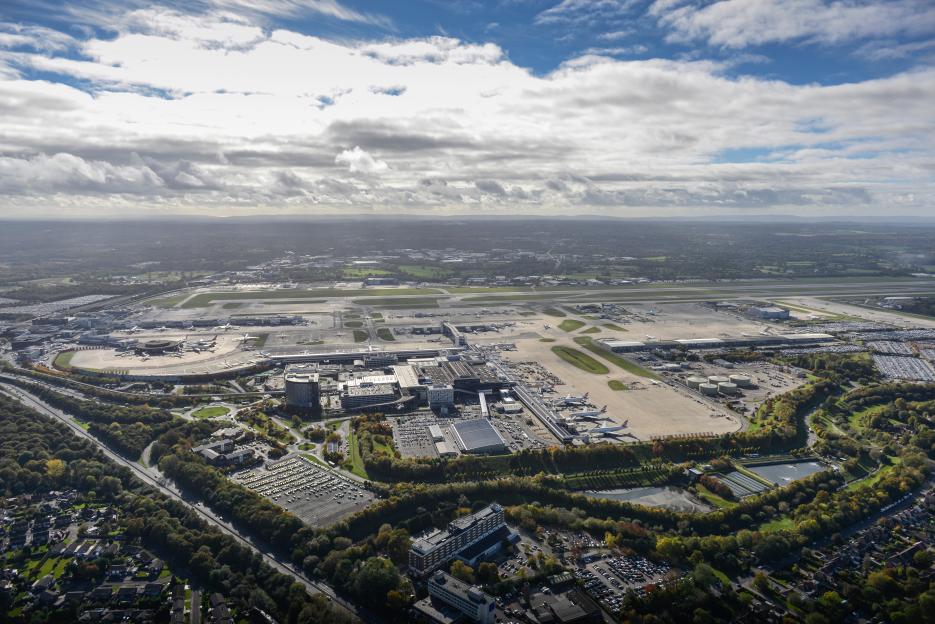 Aerial view of Gatwick Airport, Sussex, UK.