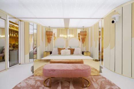 Love Island villa bedroom.