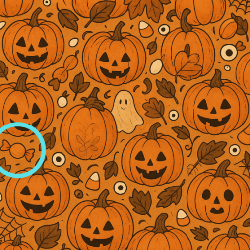 Illustration of a pumpkin-themed pattern with a hidden piece of candy highlighted by a blue circle.