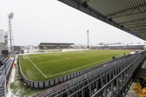 Aspmyra Stadium in Bodø, Norway, covered in snow.
