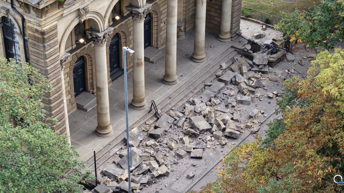 Dramatic moment huge blocks of stone plummet onto street after part of a church collapses – narrowly missing passersby