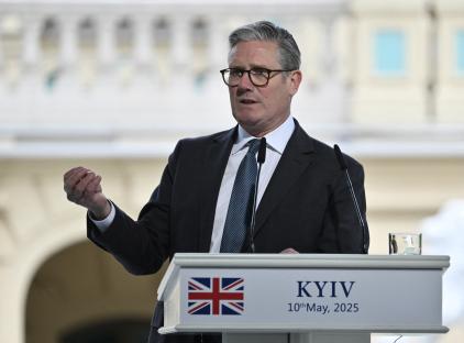 British Prime Minister Keir Starmer giving a press conference in Kyiv.
