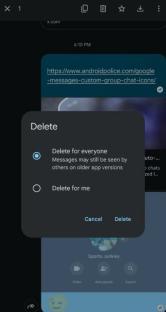 Screenshot of a phone showing options to delete a message for everyone or just for the sender.