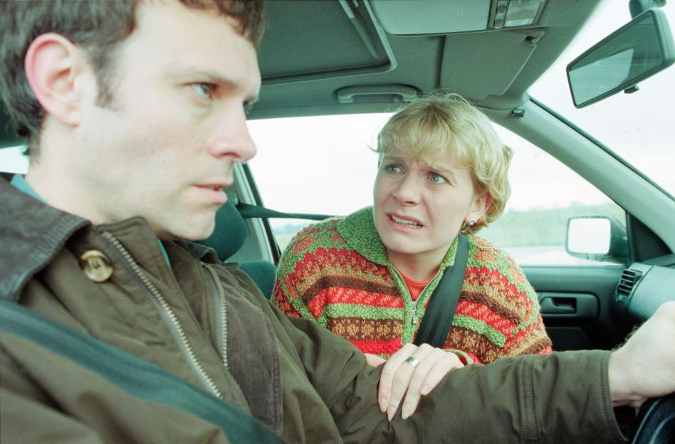 Still image from Emmerdale showing Rachel and Graham arguing in a car.