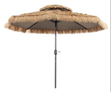 3m hula thatched patio umbrella with manual crank.