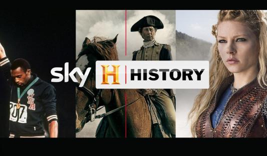 Sky History TV channel promotional image with remote.