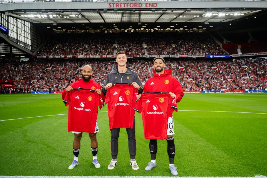 Three Manchester United players holding their new team shirts.