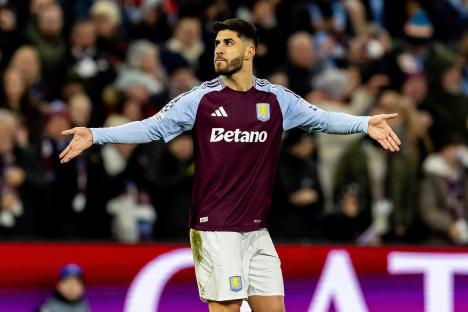 Aston Villa player Marco Asensio celebrates a goal.