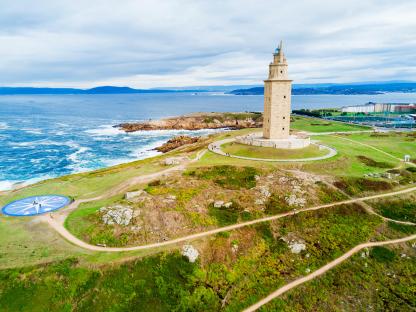 Aerial view of the Tower of Hercules lighthouse in A Coruna, Spain.
