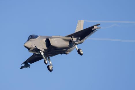 Boeing F-35 fighter jet in flight.