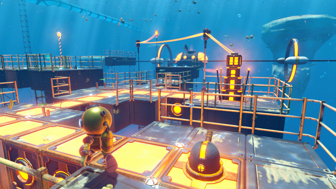 Screenshot of underwater game level showing a robot navigating platforms.