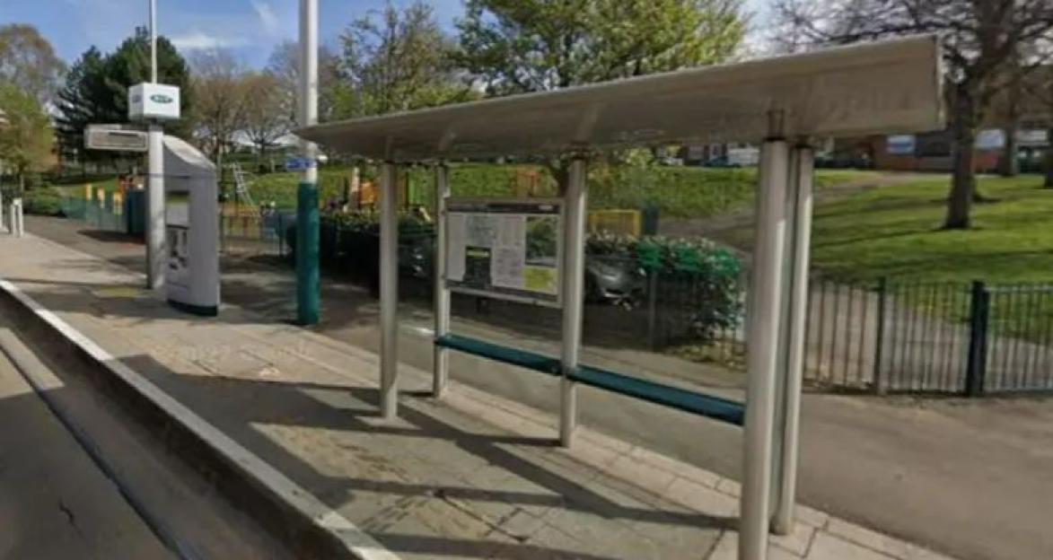 Tram stop with a shelter and information display next to a park.