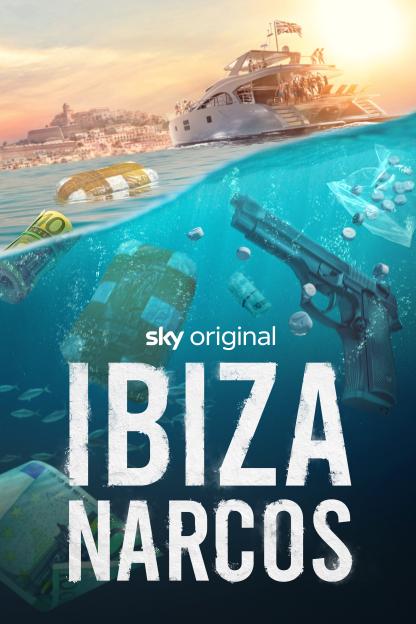 Ibiza Narcos key art: drugs, money, and a gun underwater, with a yacht in the background.