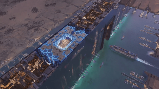 Aerial illustration of a futuristic city with a large stadium-like structure.