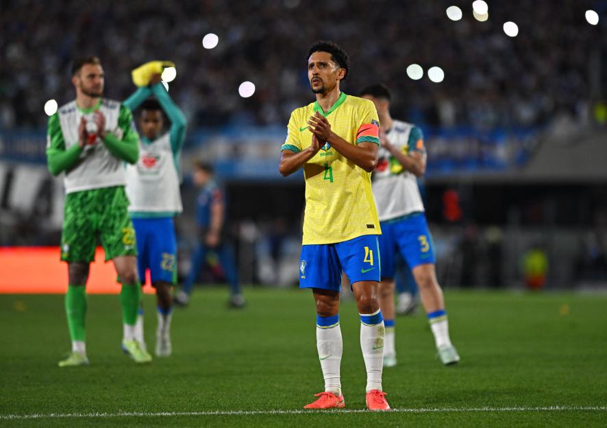 Brazil's Marquinhos looking dejected after a soccer match.