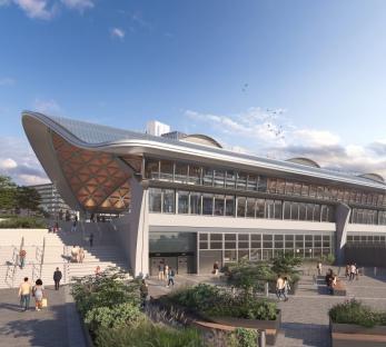 Illustration of Curzon Street HS2 station in Birmingham, UK.