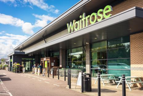 Exterior of a Waitrose supermarket with people entering.