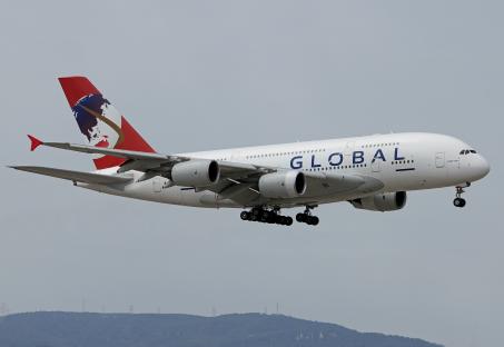 Global Airlines Airbus A380-800 landing.