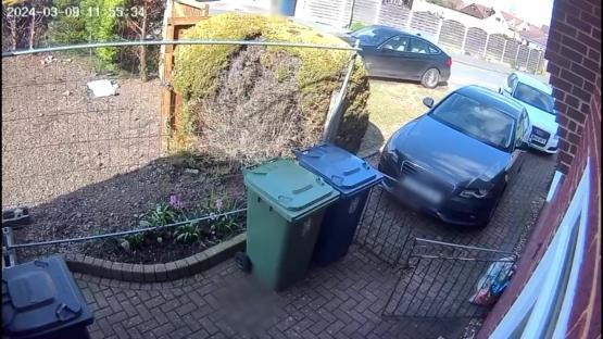 CCTV image of a car driving towards a woman.