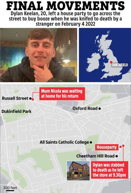 Collage of Dylan Keelan's portrait, a map of the UK showing Dukinfield, and a map illustrating locations related to his final movements, including a house party and the store where he was stabbed.