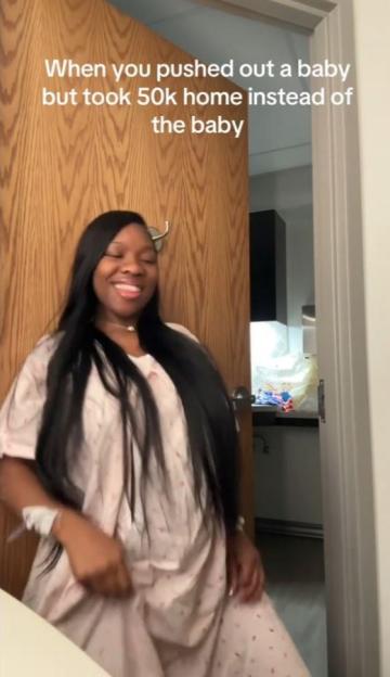 A woman in a hospital gown with an IV on her arm and the text, "When you pushed out a baby but took 50k home instead of the baby."