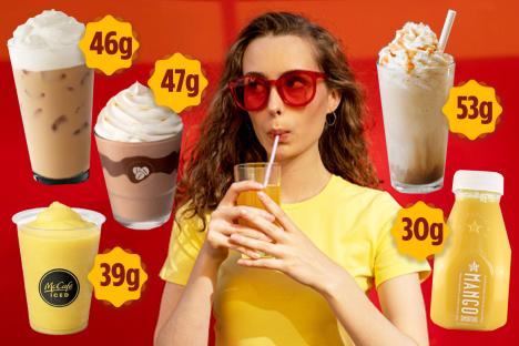 Illustration of various summer drinks with their sugar content in grams.