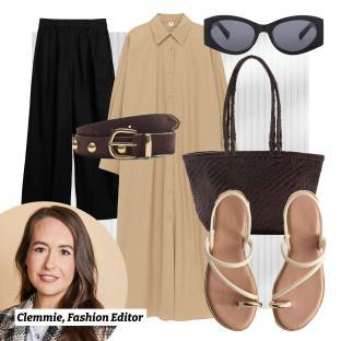 Fashion editor's outfit collage: beige shirt, black pants, brown belt, brown bag, and beige sandals.