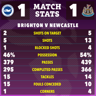 Match stats graphic showing Brighton vs Newcastle: shots on target, shots, blocked shots, possession, passes, completed passes, tackles, fouls conceded, and corners.