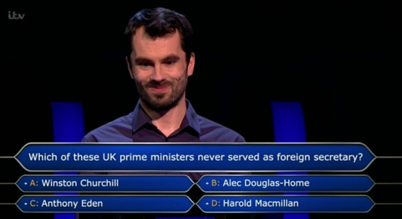John Robinson on Who Wants To Be A Millionaire, answering a question about UK prime ministers.