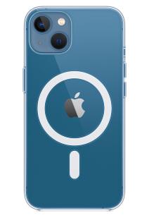 iPhone 13 in a clear case with MagSafe charger.