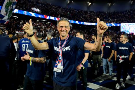 PARIS, FRANCE - JUNE 01: Coach Luis Enrique attends the PSG's celebration of their first Champion's League title at Parc des Princes on June 1, 2025 in Paris, France. (Photo by Lionel Hahn/Getty Images)