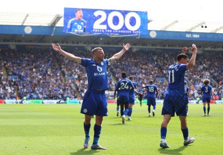 Jamie Vardy of Leicester City celebrates his 200th goal.