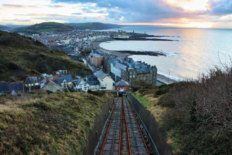 Aberystwyth cliff railway overlooking the town and coastline.