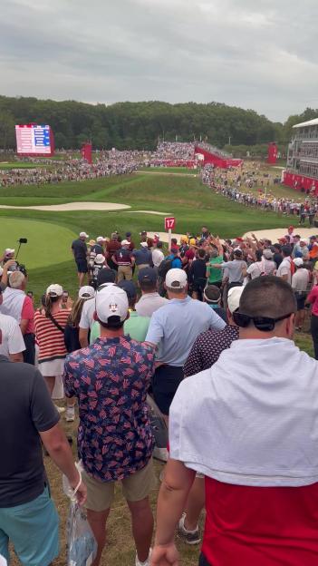 A large crowd of people watches a golf tournament from a hill.
