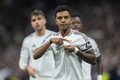 Rodrygo of Real Madrid celebrates a goal.