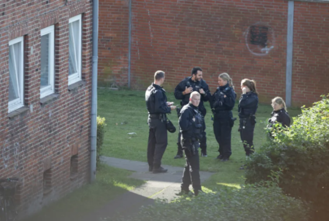 Group of six police officers in black uniforms standing on a grassy path between brick buildings.