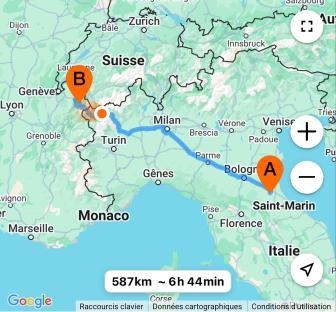 Google Maps route from Forli Airport, Italy to Flaine, France; 587km, 6 hours 44 minutes.